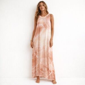 LACAUSA Dad's Shirt Dress Sheer Tie Dye Maxi Oversized Boho Chic Slit Minimalist